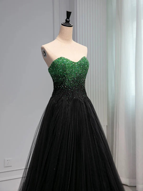 A Line Sweetheart Neck Green Beads Black Tulle Long Prom Dress Evening Dress SH1786