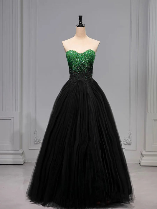 A Line Sweetheart Neck Green Beads Black Tulle Long Prom Dress Evening Dress SH1786