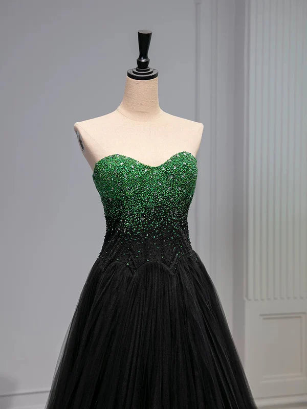 A Line Sweetheart Neck Green Beads Black Tulle Long Prom Dress Evening Dress SH1786