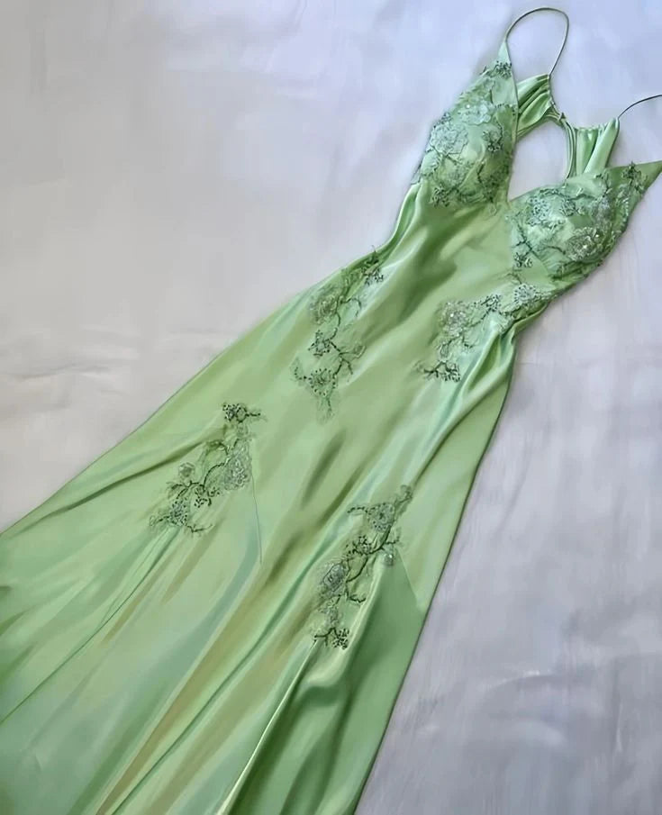 Green Mermaid V Neck Satin Backless Evening Dress Prom Dress With Beads SH1773