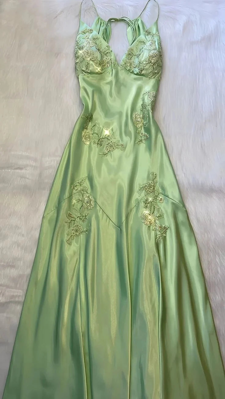 Green Mermaid V Neck Satin Backless Evening Dress Prom Dress With Beads SH1773