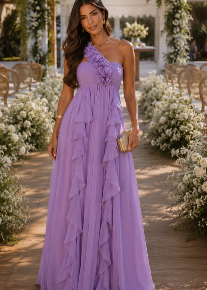 Pretty Purple A Line One Shoulder Ruffle Chiffon Prom Dress Evening Dress SH6353