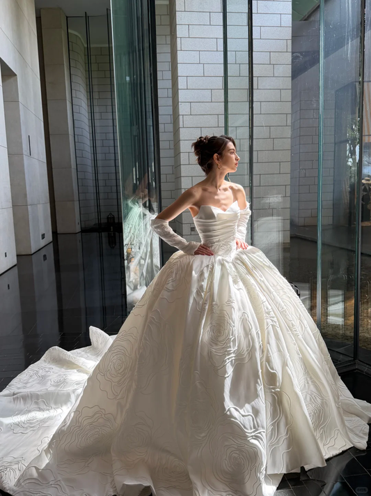 Rose Ball Gown Strapless White Satin Long Sweep Wedding Dress SH5279