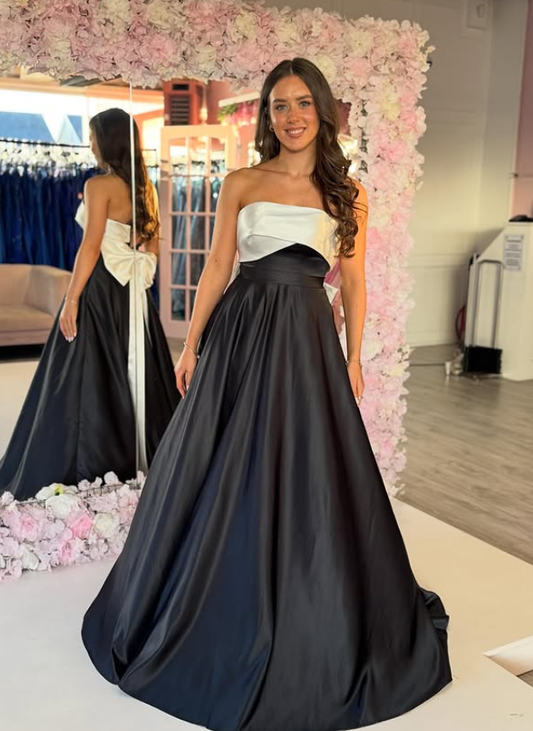 Classic Black-white A Line Strapless Bow Satin Prom Dress Evening Dress SH6642