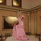 Elegant Mermaid Off the Shoulder Bow Pink Satin Long Prom Dress Evening Dress SH1933