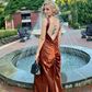 Elegant Mermaid Straps Brown Satin Long Sweep Prom Dress Evening Dress SH2387