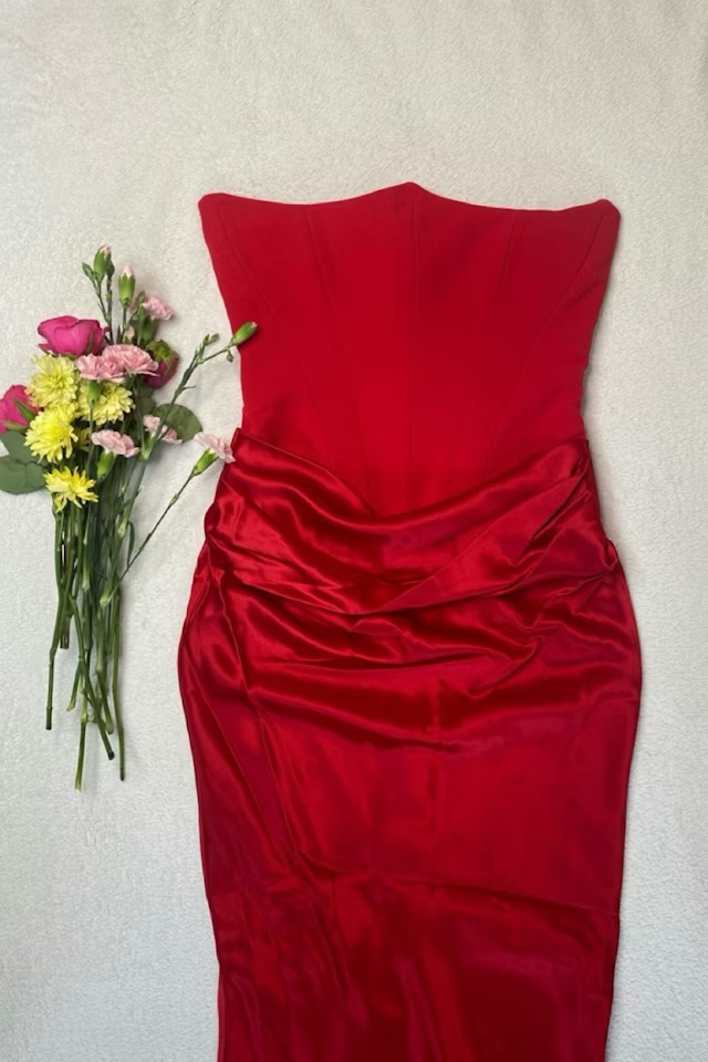 Charming Red Mermaid Strapless Satin Prom Dress Evening Dress SH1754