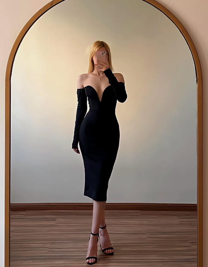 Vintage Sexy Sheath Long Sleeve Black Satin Short Prom Dress Homecoming Dress SH6968