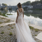 Stunning A Line V Neck Exquisite Beaded Apricot Tulle Long Wedding Dress SH6041