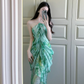 Green Sheath Halter Print Floral Chiffon Vacation Dresses Outfits SH5050