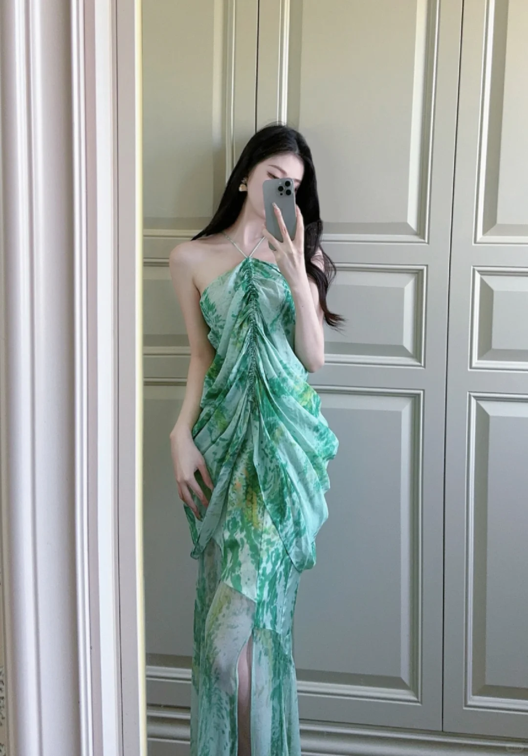 Green Sheath Halter Print Floral Chiffon Vacation Dresses Outfits SH5050