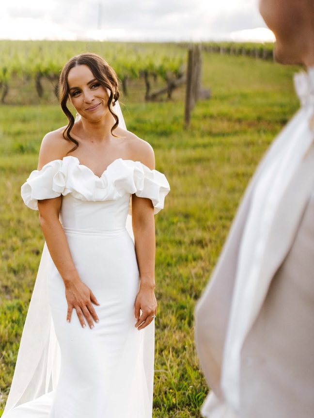 Simple Mermaid Off the Shoulder White Satin Long Sweep Wedding Dress SH2090