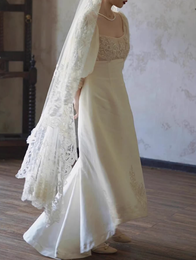 Vintage A Line Long Sleeve White Beaded Satin Long Wedding Dress SH5038