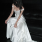 Simple Sheath Spaghetti Strap White Satin Long Wedding Dress SH4716