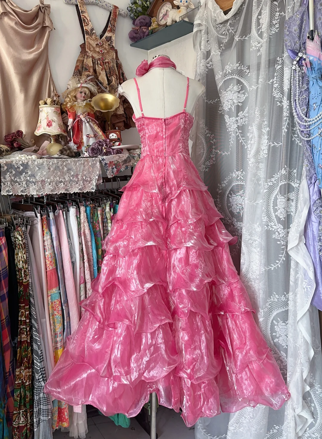 Pink Vintage A Line Straps Layered Organza Long Prom Dress SH5252 – shinydress