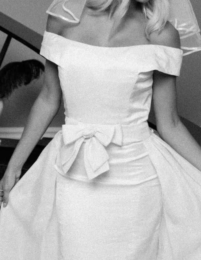 Vintage Sheath Off the Shoulder White Satin Long Train Wedding Dress SH6084