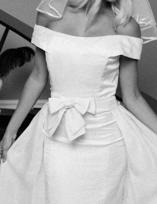 Vintage Sheath Off the Shoulder White Satin Long Train Wedding Dress SH6084