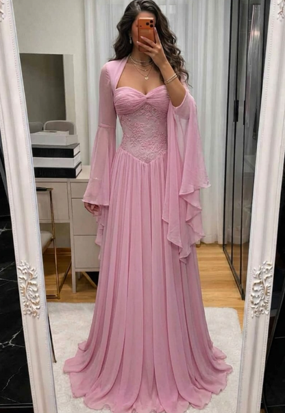 Gentle Pink Long Sleeve Chiffon Lace Long Prom Dress Evening Dress SH8947