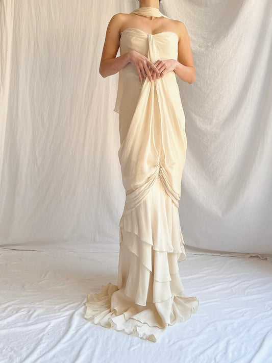 Vintage Apricot Draped Gown Featuring Strapless Neckline Dress with Scarf SH3628