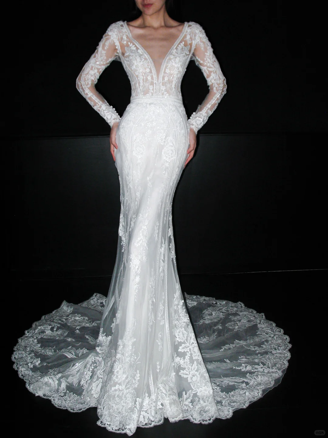 Elegant Mermaid Long Sleeve V Neck Lace Tulle Long Train Wedding Dress SH6614