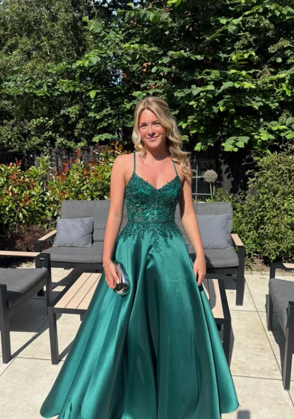 Emerald A Line Spaghetti Strap Lace Appliques Satin Prom Dress Birthday Dress SH9021