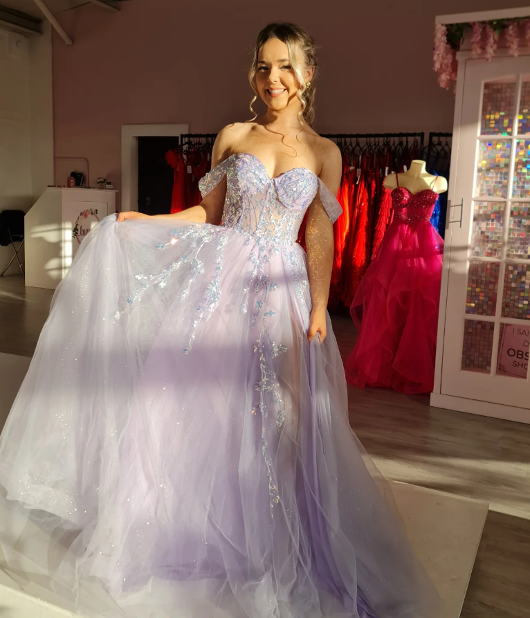 Gentle Lilac A Line Off the Shoulder Appliques Tulle Prom Dress Evening Dress SH6639