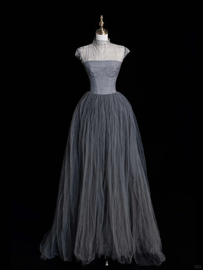 Simple Grey A Line High Neck Satin Tulle Long Prom Dress Graduation Prom Dress SH2521