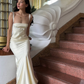 Simple Ivory A Line Straps Satin Long Wedding Guest Dress Party Dress SH3305