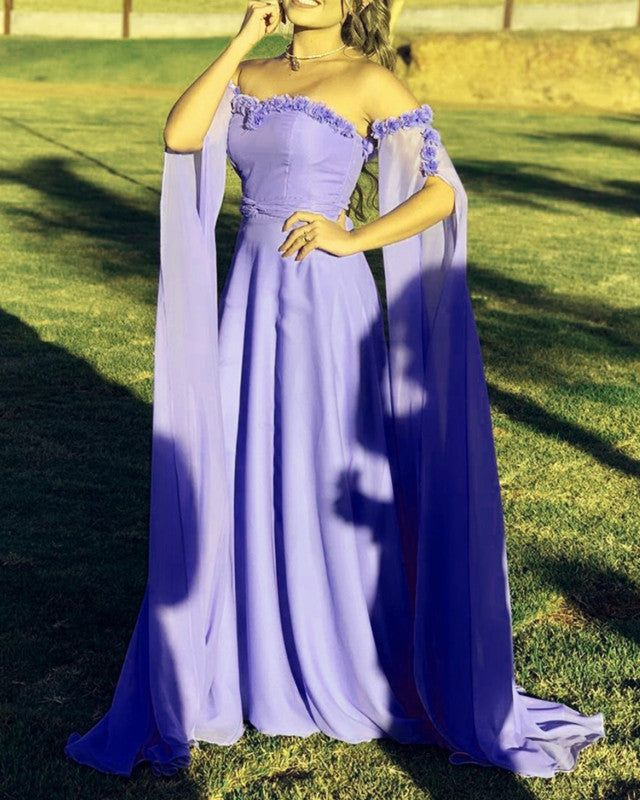 Elegant Blue Chiffon Applique Prom Dress Long Evening Dress SH1013