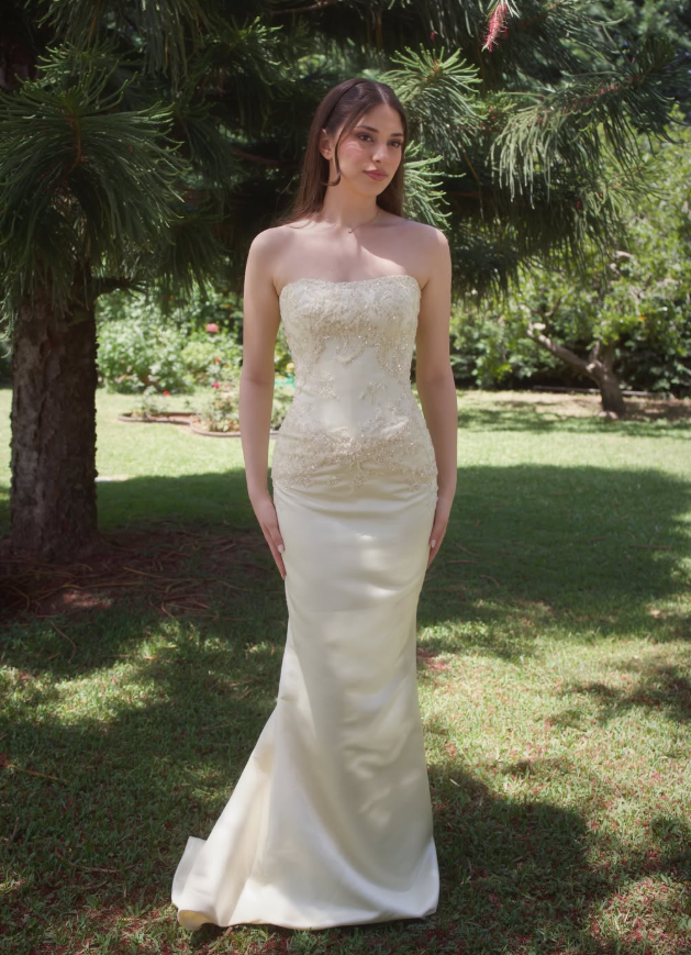 Stunning Yellow Sheath Strapless Beaded Satin Prom Dress Evening Dress SH6529