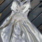 Retro A Line V Neck White Pearl Floral Satin Wedding Dress Prom Dress SH5942