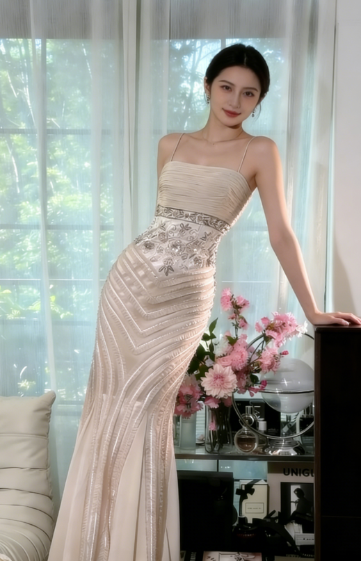 Light Apricot Mermaid Spaghetti Strap Beaded Chiffon Prom Dress Wedding Guest Dress SH4327