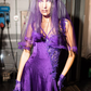 Unique A Line Spaghetti Strap Purple Lace Satin Prom Dress Evening Dress with Slit SH2263