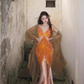 Dreamy Mermaid Spaghetti Straps Orange Satin Chiffon Long Prom Dress Evening Dress SH4392