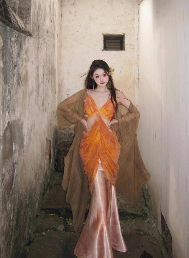 Dreamy Mermaid Spaghetti Straps Orange Satin Chiffon Long Prom Dress Evening Dress SH4392