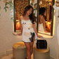Cute A Line Spaghetti Strap Black Lace White Satin Short Homecoming Dress Birthday Dress SH2338