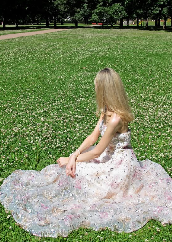 Beautiful A Line Strapless Sequin Floral White Tulle Long Prom Dress Date Dress SH6507