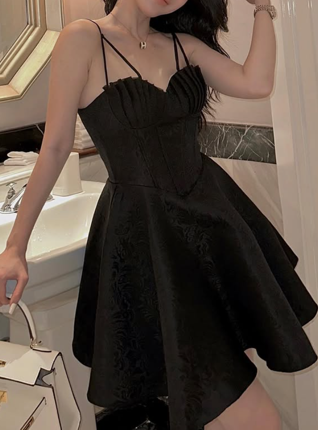 Black A Line Spaghetti Straps Print Satin Short Homecoming Dress Outfits SH6224