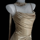 Simple Golden A Line Spaghetti Straps Satin Long Prom Dress Wedding Guest Dress SH5005