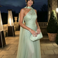 Sage Green A Line One Shoulder Embroidery Chiffon Prom Dress Evening Dress SH5620