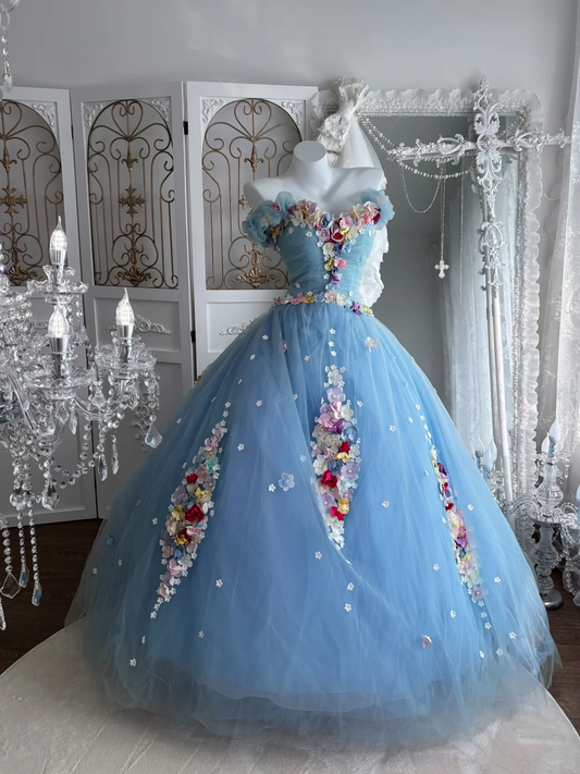 Vintage Colorful 3D Flower A Line Off the Shoulder Blue Tulle Prom Dress Sweet 16 Dress SH5983