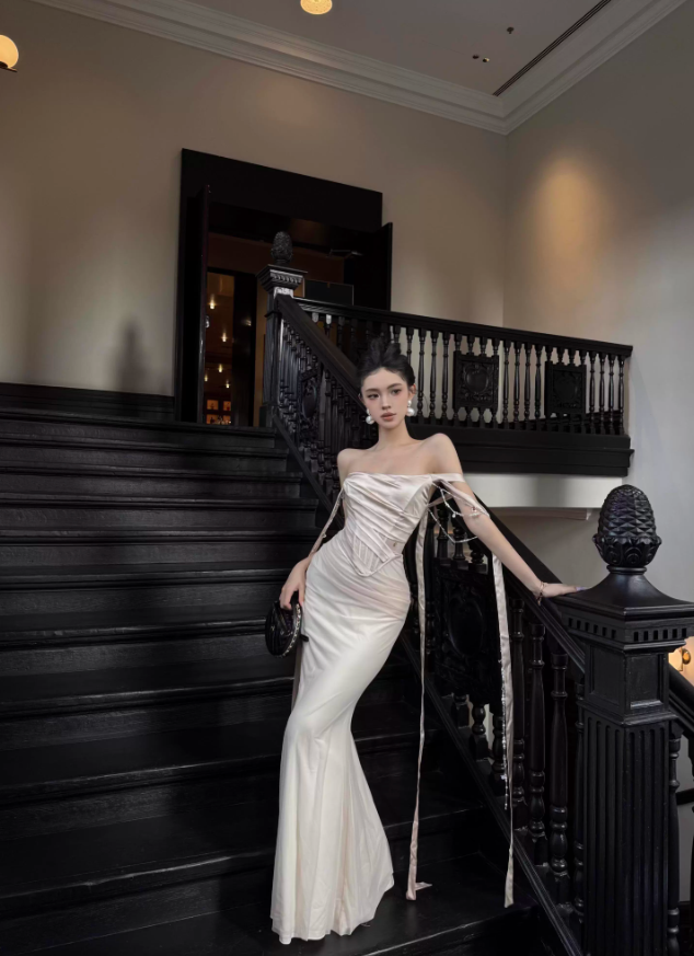 Apricot Gentle Mermaid Off the Shoulder Satin Prom Dress Evening Dress SH3762
