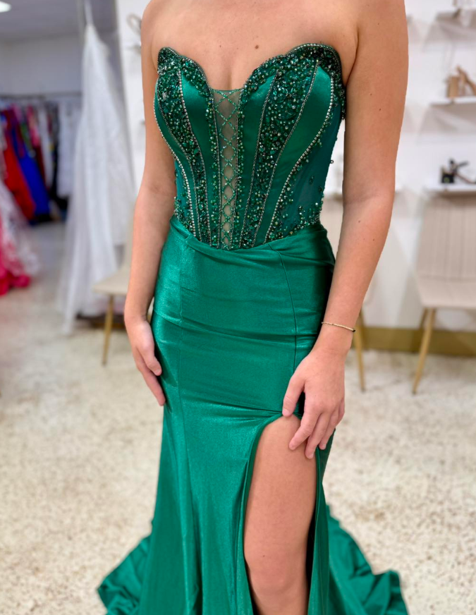 Emerald Mermaid Sweetheart  Neck Beaded Satin Long Prom Dress Evening Dress with Slit SH6811