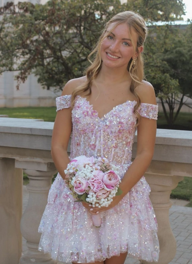 Dazzling A Line Off the Shoulder Sequin Layered Tulle Short Prom Dress Homecoming Dress SH6522