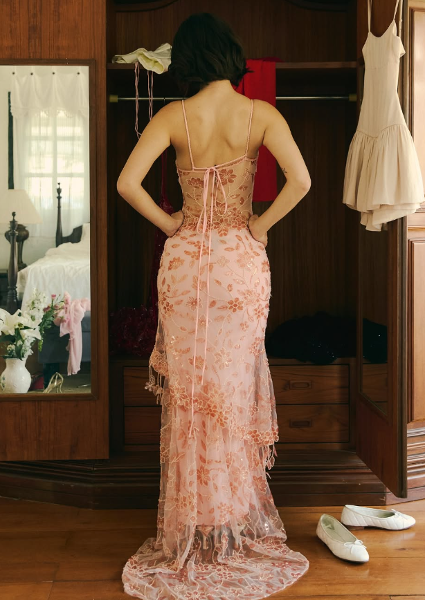 Pink Spaghetti Straps Lace Beading Gorgeous Mermaid Evening Dress SH1203