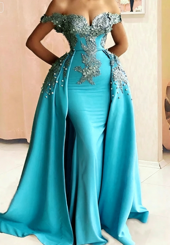 Mermaid Evening Dress Off Shoulder Silver Lace Embroidery Prom Dresses SA692