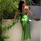 Simple Green Sheath Spaghetti Strap Satin Open Back Prom Dress Party Dress SH4027