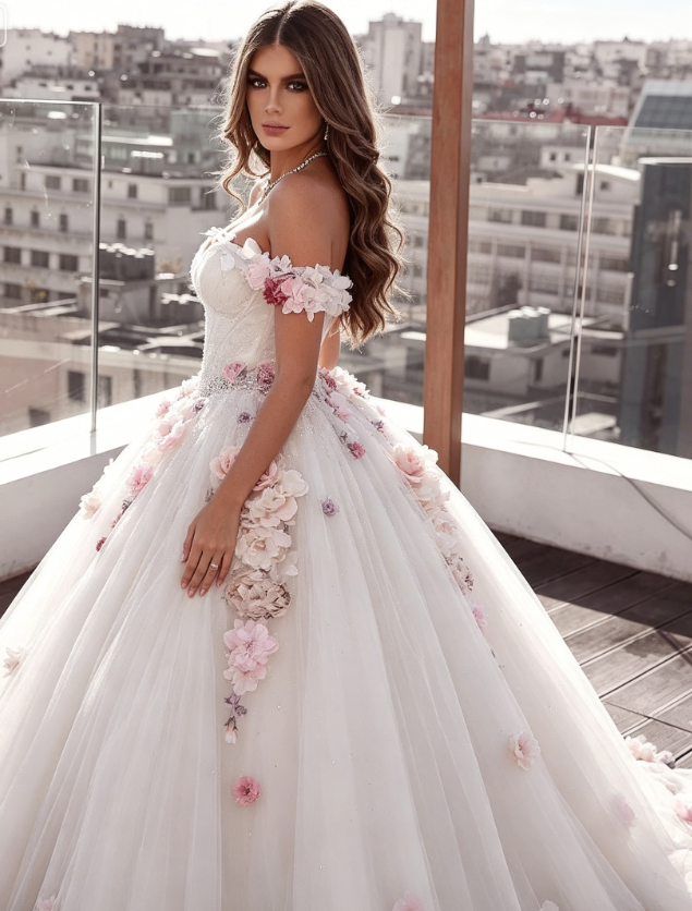 Off Shoulder Tulle Ball Gown Wedding Dresses Floral Flowers Beaded P5461