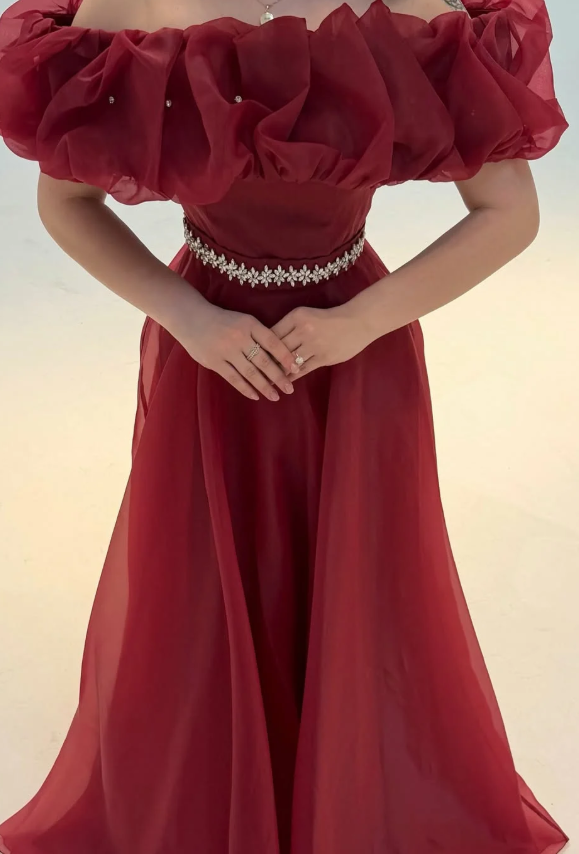 Burgundy A Line Off the Shoulder Beaded Organza Prom Dress Wedding Guest Dress SH6015