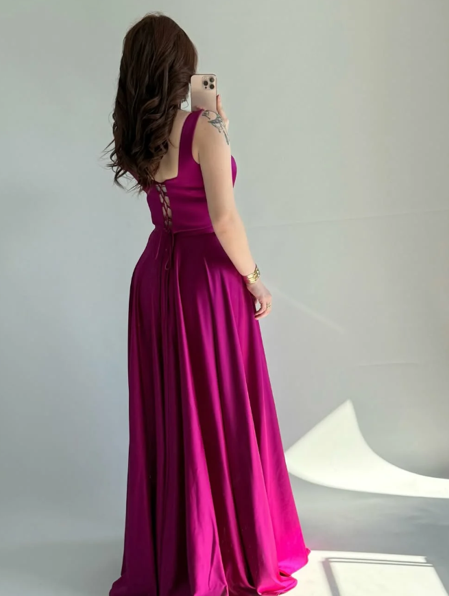 Simple Pink A Line Spaghetti Straps Satin Prom Dress Date Dress SH5550